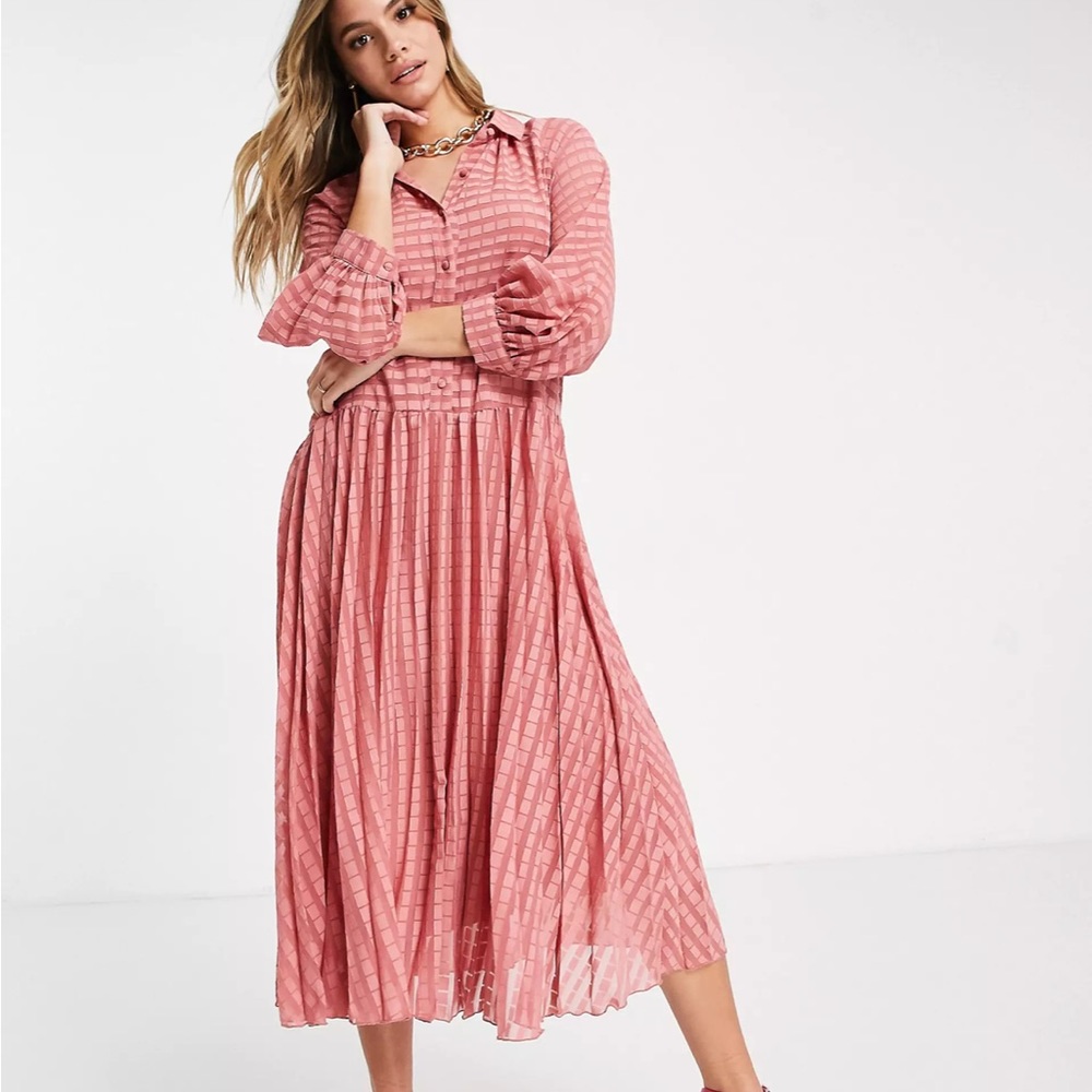 ASOS DESIGN pleated button-down midi shirt dress in self stripe in TEA ROSE